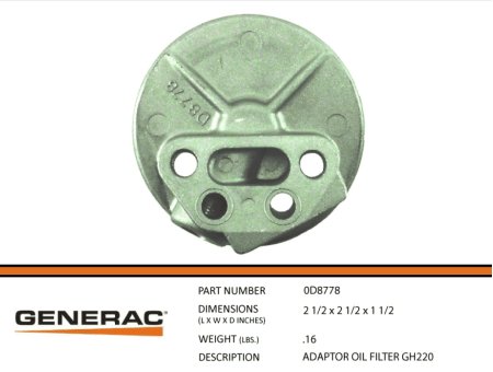 0D8778 Adapter for Generac Oil Filter fits 190/220 GN&GH engines