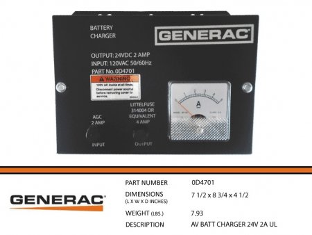 0D4701, Batt Charger, Generac 24VDC 2A