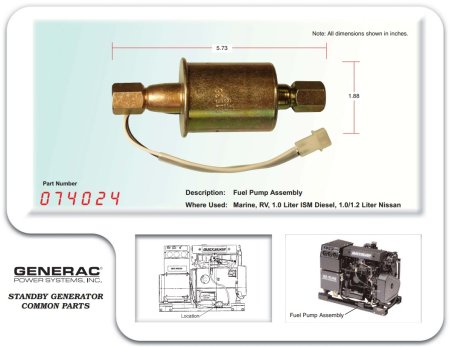 Generac 74024 / Mercruiser Quicksilver 811508 Fuel Pump, 12V